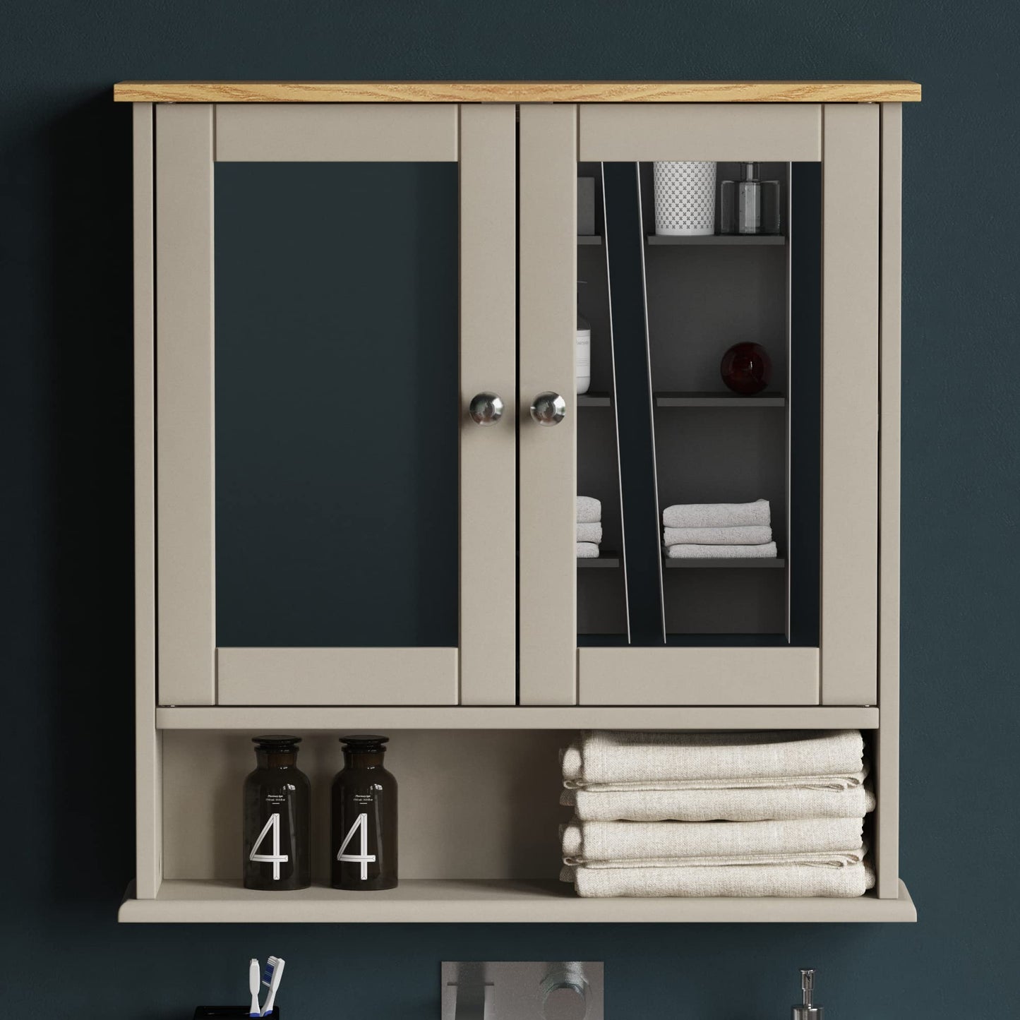 Bath Vida Priano Double Door Bathroom Cabinet, Wood, Grey & Oak, Mirrored Wall Mounted Storage Furniture