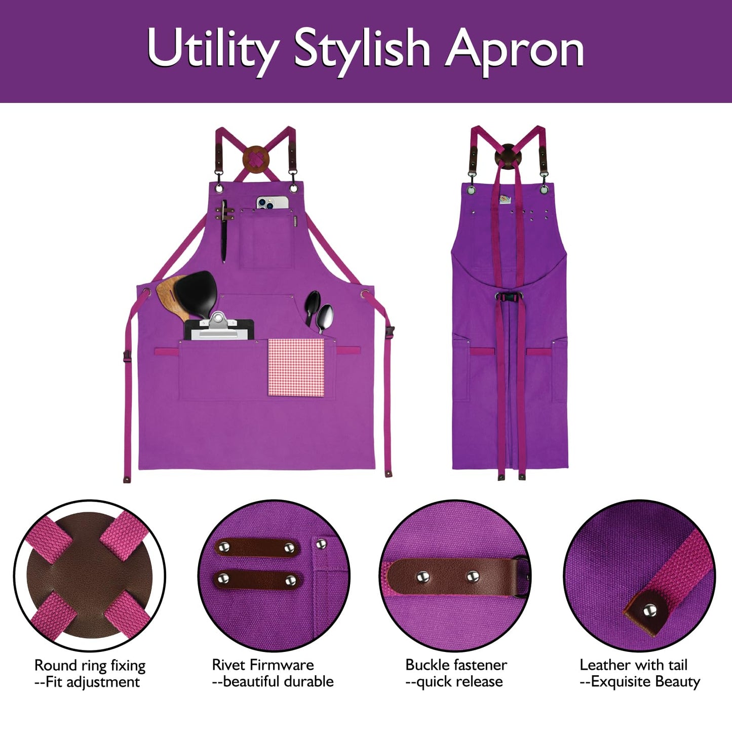 Stenffy Kitchen Apron, Work Apron, Canvas, Multiple Pockets, Gardening, Painting, BBQ, Carpenter, Sizes M to XXL, Purple
