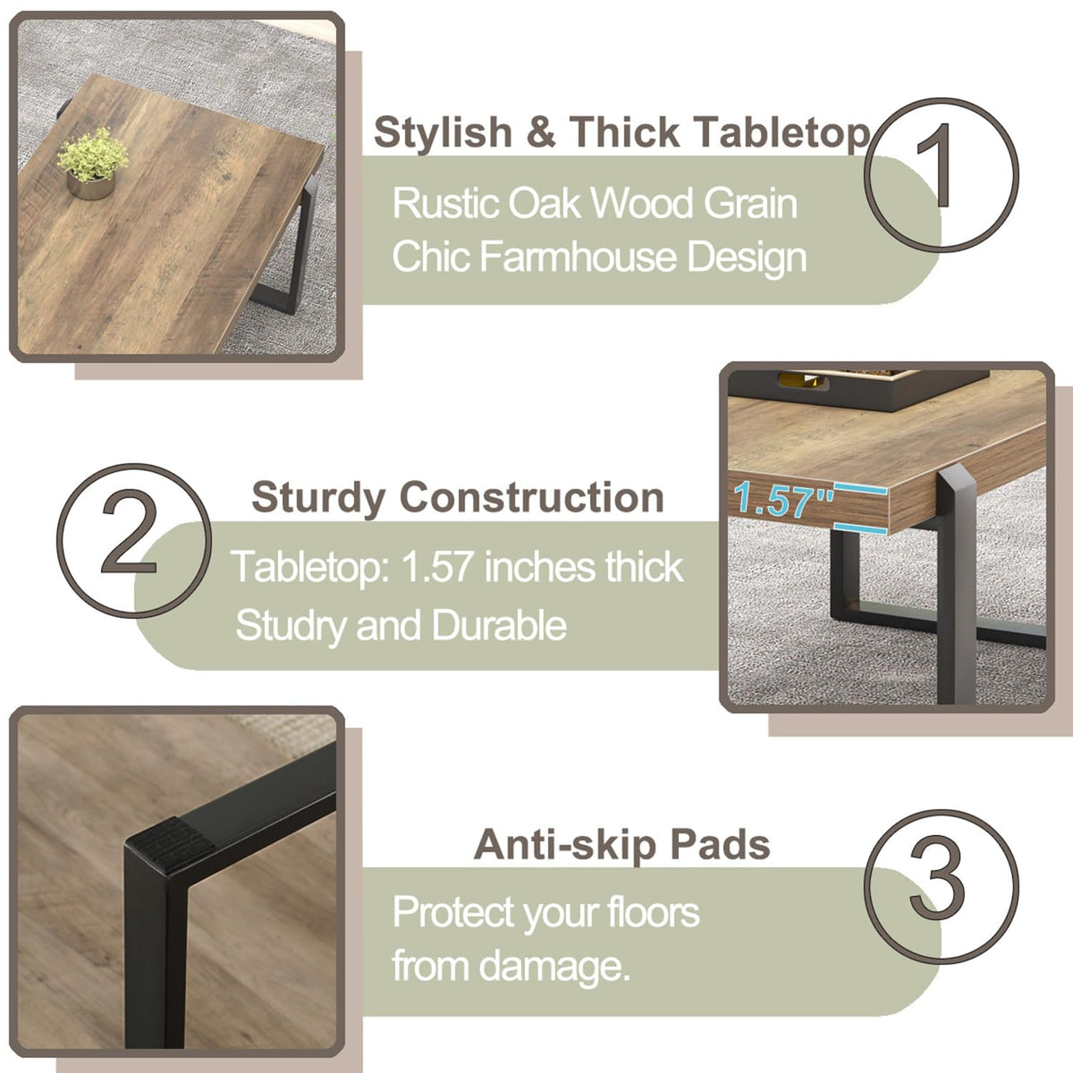 FOLUBAN Coffee Table, Modern Rustic Wood and Metal Center Table, Industrial Cocktail Tea Table for Living Room, Oak, 44 Inch
