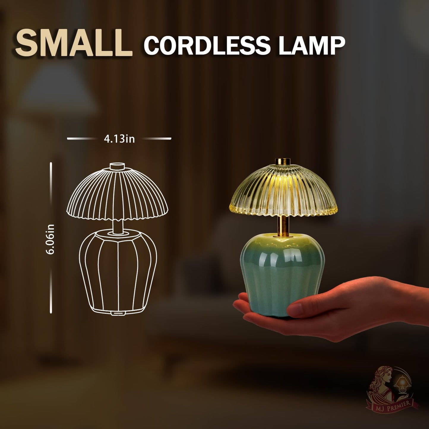 MJ PREMIER Rechargeable Table Lamp, Cordless Lamp with Timer, Mini Glass Mushroom Lampshade, Small Table Lamps, Decorative Led Light for Bedroom Living Room Shelf (Green)