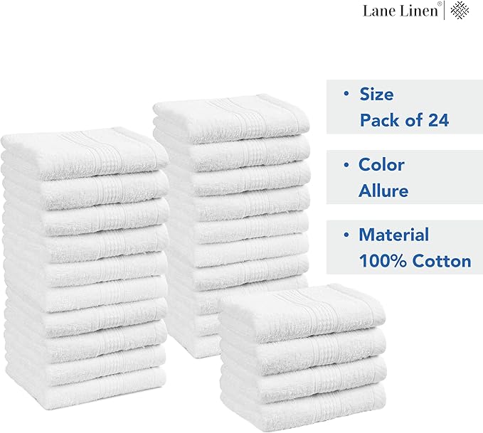 LANE LINEN White Washcloths 24 Pack