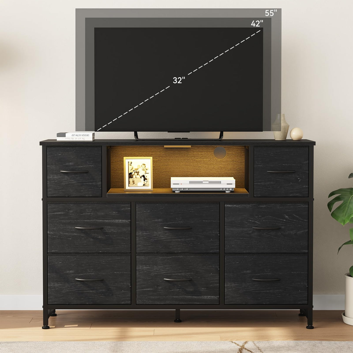 DUMOS TV Stand Dresser with 8 Fabric Drawers and Open Shelves, LED Entertainment Center with Charging Station, Wood Top Media Console for 45-55 inch, Bedroom, Woodgrain Black