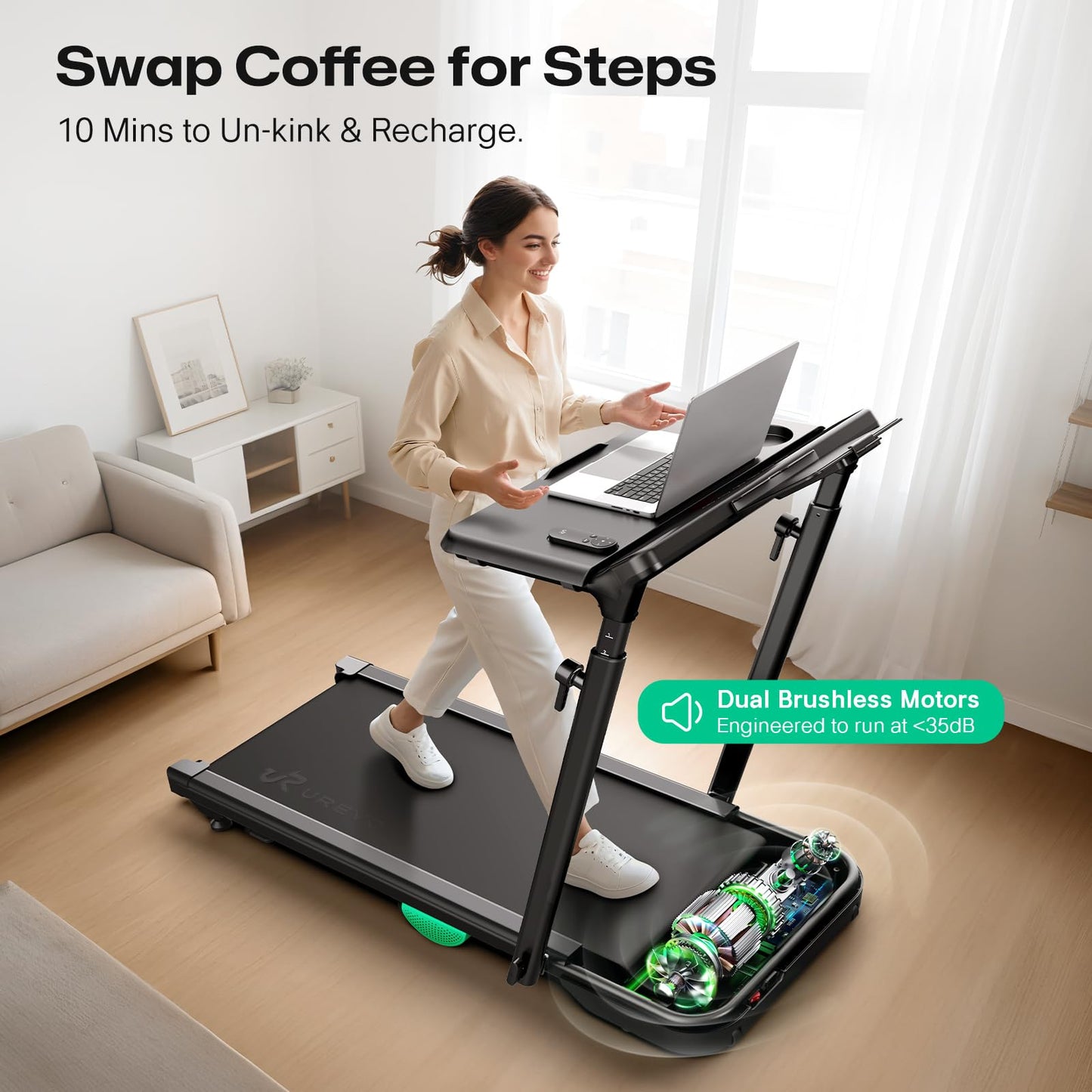UREVO Foldimix 5L Treadmills for Home, Dual Brushless Motorized 3.0HP ，9% Auto Incline Walking Pad with Adjustable Handle Bar, Multi-Functional, 14-Point Shock Absorption, Standing Desk Treadmill