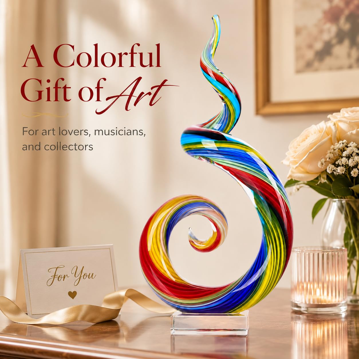 XMGZQ 13.7" Colour Hand-Blown Art Glass Sculpture,Abstract Rainbow Swirl Style Sea Glass Statue and Figurine,Coastal Ocean Nautical Home Decor,Shelf,TV Stand,Tabletop Centerpieces,Wonderful Gift