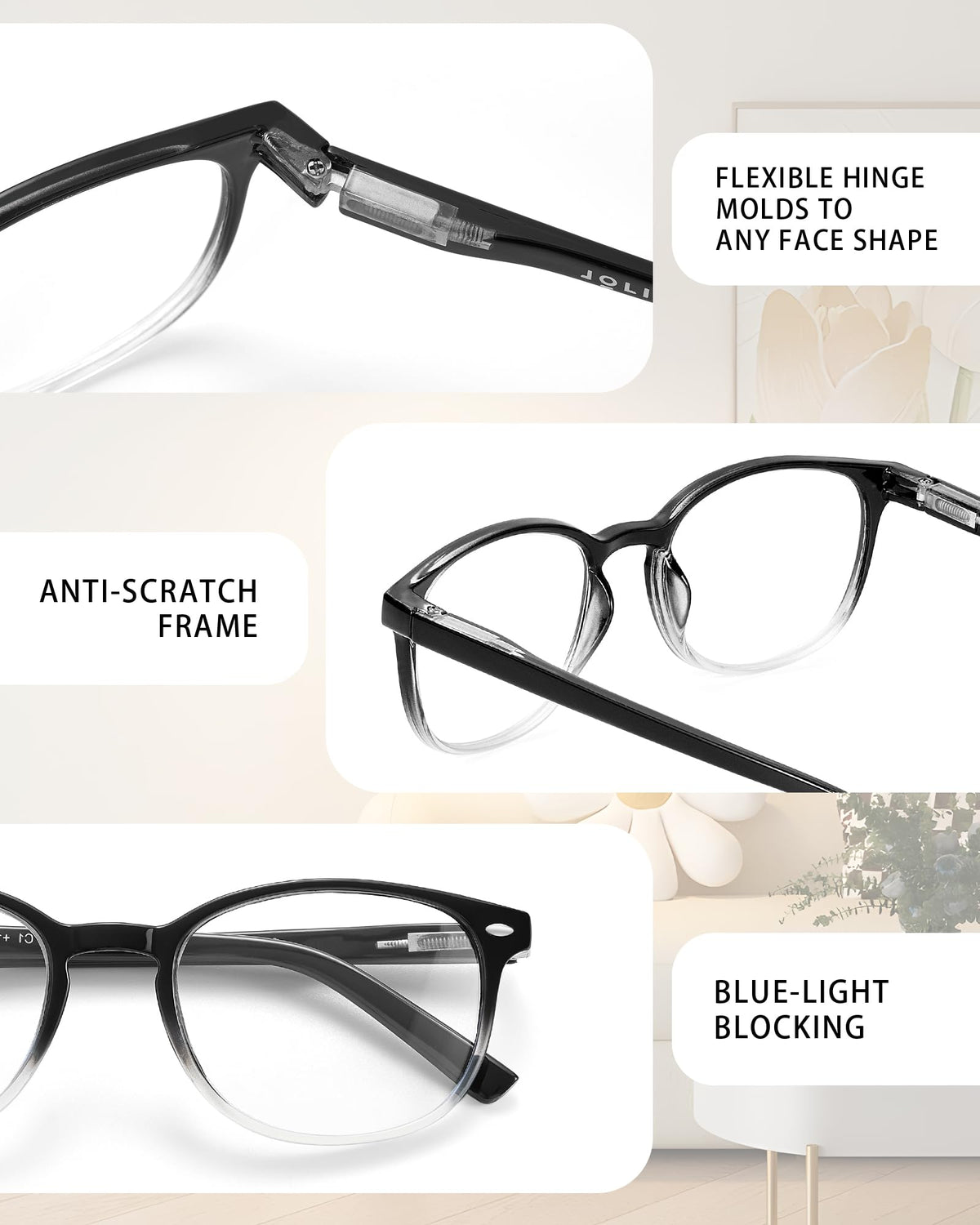 JOLISU 5 Pack Reading Glasses For Women, Blue Light Blocking Computer Reader Spring Hinge Eyeglasses (1.75)