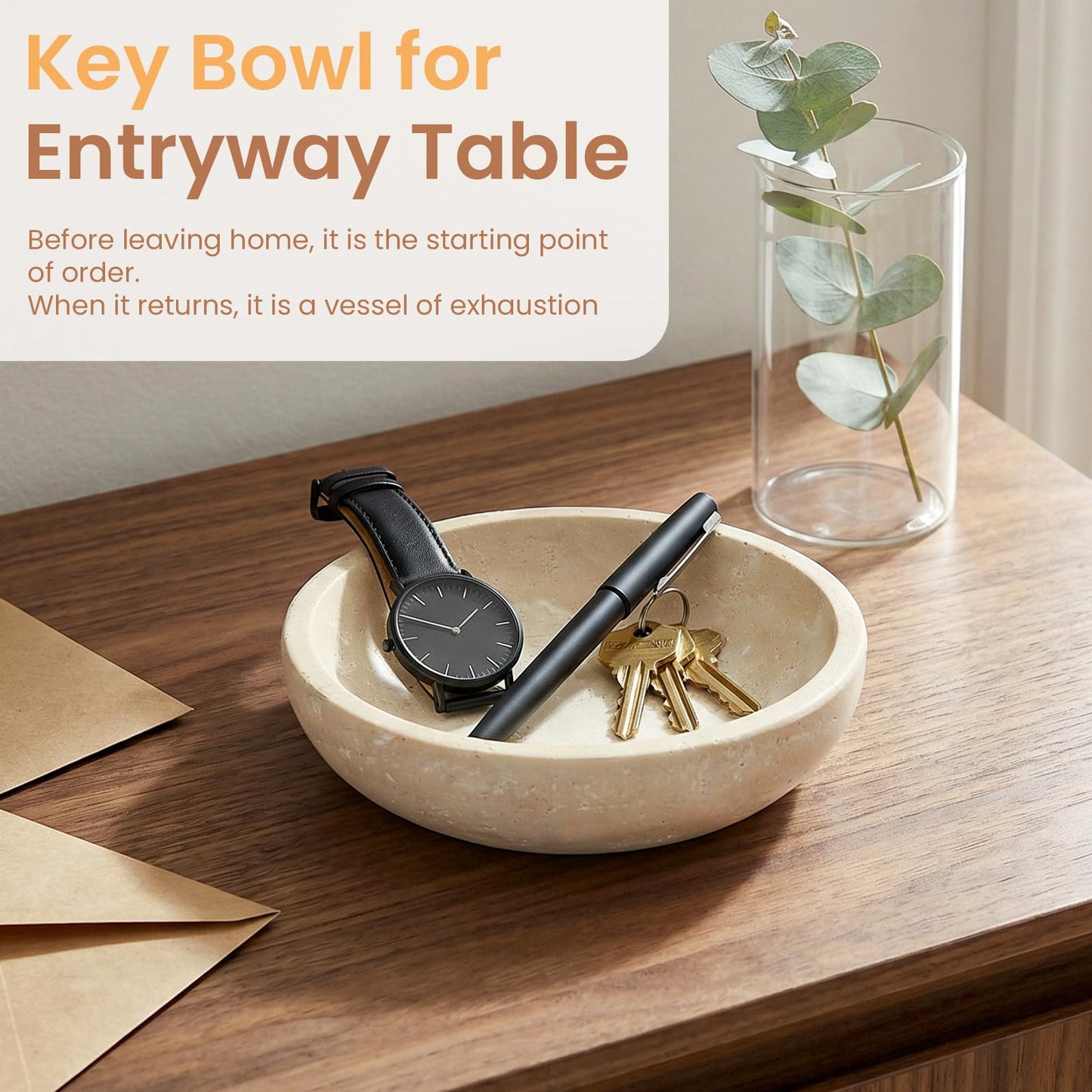 Travertine Marble Bowl & Decorative Bowl, 7.8" Modern Home Decor Key Bowl for Entryway, Natural Stone Centerpiece for Coffee Table, Ring Tray, Housewarming Gifts, Apartment Essentials Must Haves