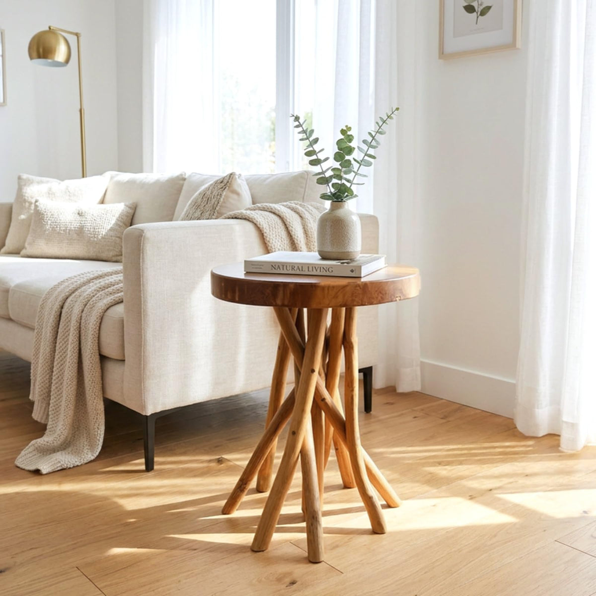 WELLAND Teak Wood Stick Leg End Table, 16" L x 16" W x 20" H Rustic Side Table, Small Accent Table, Plant Stand for Living Room, Bedroom, Home Office