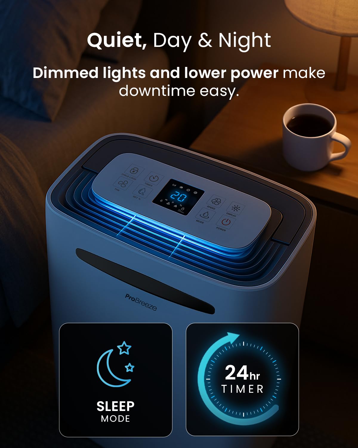 Pro Breeze® 20L/Day Dehumidifier with Digital Humidity Display, Sleep Mode, Continuous Drainage, Laundry Drying and 24 Hour Timer - Ideal for Damp and Condensation