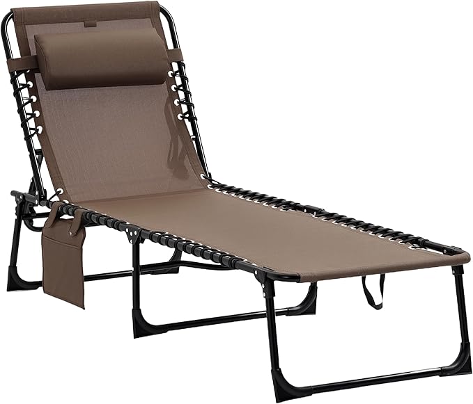 Outsunny Chaise Lounge Chair Outdoor, 5-Position Adjustable Sun Tanning Chair with Carrying Handle and Side Pocket, Folding Bed Cot with Removable Pillow for Garden, Beach, Patio, Pool, Camp, Brown