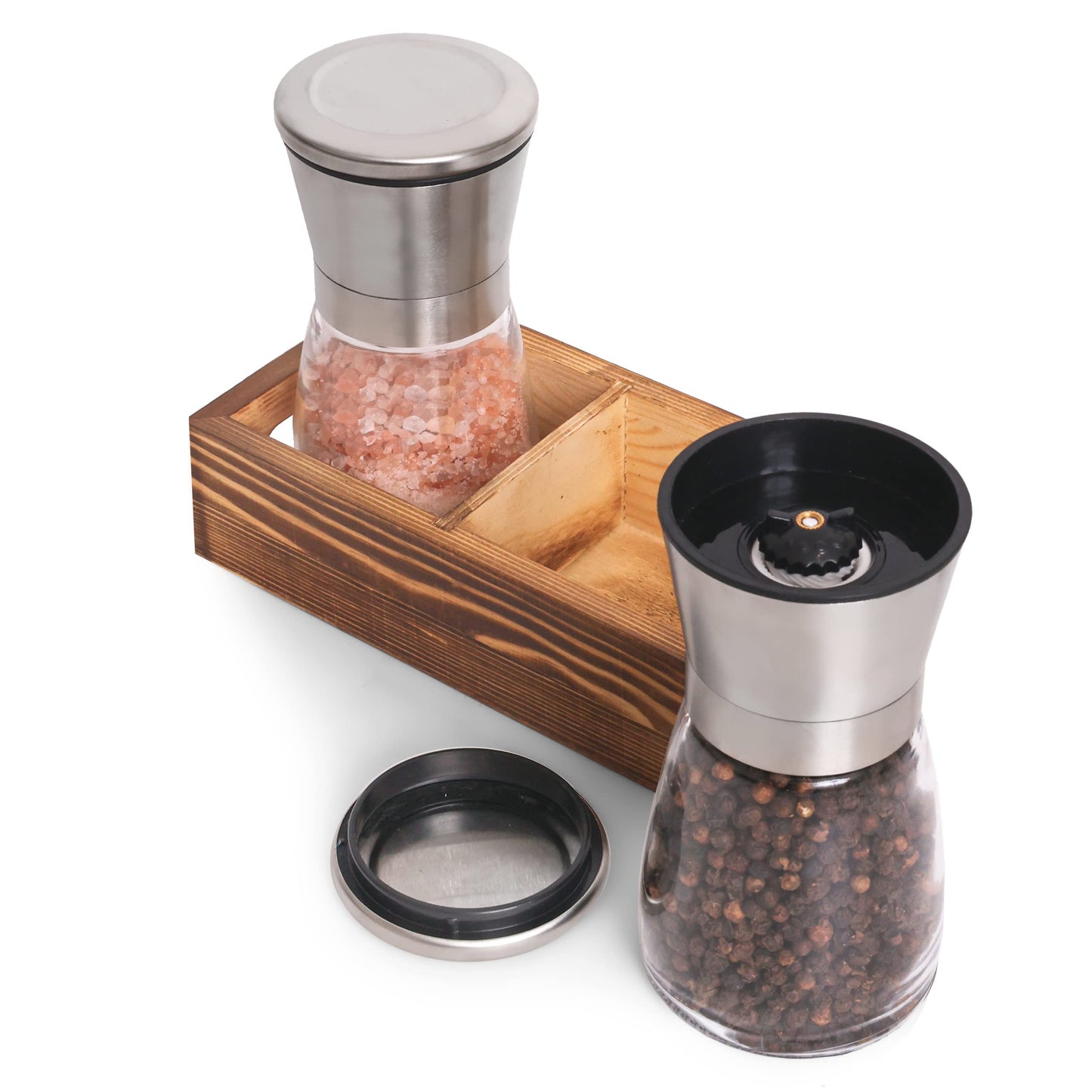 Salt and Pepper Grinder Set with Wood Tray, Manual Sea Salt, Spice and Peppercorn Mill, Glass Container, Stainless Steel Cap, Adjustable Coarseness and Refillable for Modern Farmhouse Kitchen Table