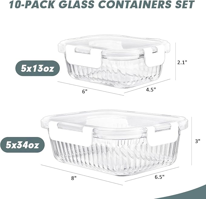 KOMUEE 10 Packs Glass Food Storage Containers Set, Glass Meal Prep Containers