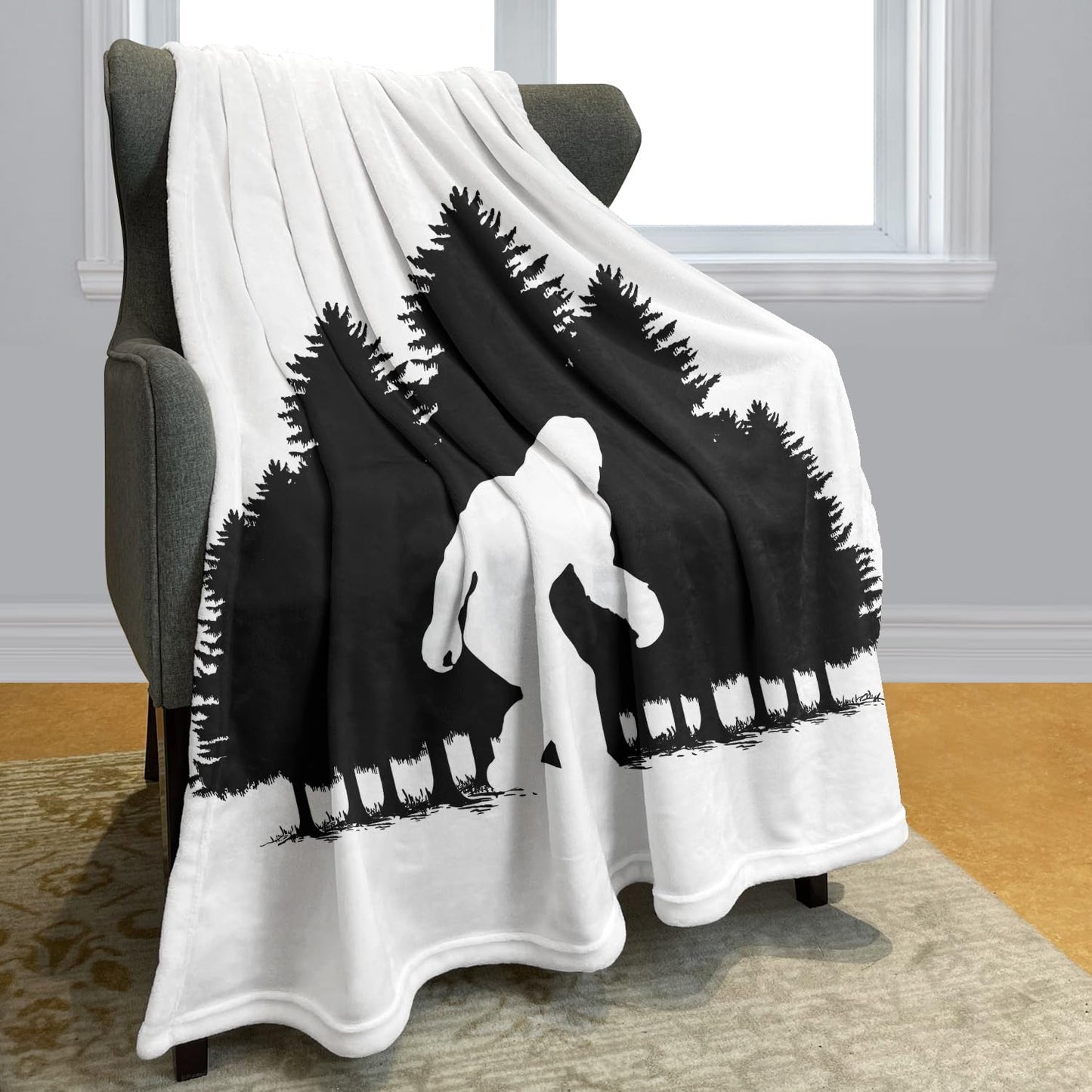 HommomH Forest Silhouette Bigfoot Throw Blanket, 50 x 60 Inches, Black and White, Decorative Soft Cozy Fleece Blanket for Couch Bed