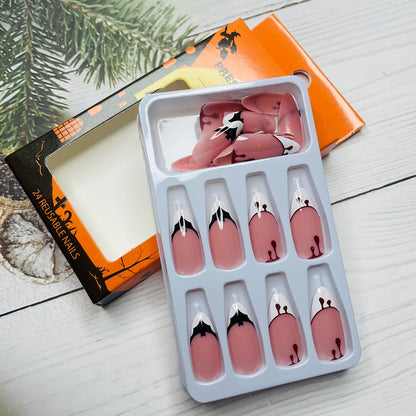 Halloween Bat Press on Nails Almond Shaped Halloween Fake Nails White French Tip Glue on Nails with Blood Design Horror Acrylic False Nails Full Cover Stick on Nail for Women DIY Halloween Nails 24Pcs