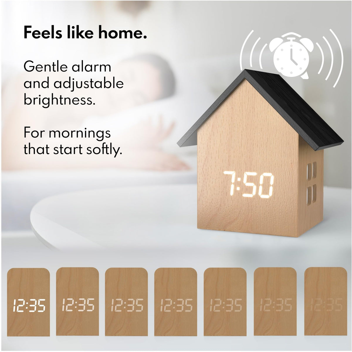 Driini Digital House-Shaped Alarm Clock with Temperature Display (Light Wood) – Modern Aesthetic - Cute Cube Frame and White LED Dimmer - Perfect Small Desk Clock for Bedside Table or Bedroom Mantle