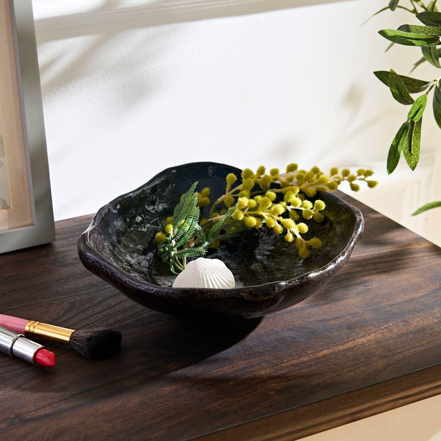 VOMANA Ceramic Decorative Dish, Irregular-Edge Stoneware Centerpiece Dish for Coffee Garden Home Entryway Table, Key Bowl, Fruit Bowl, Handcrafted Gift Decor (10 inch Dark Blue)