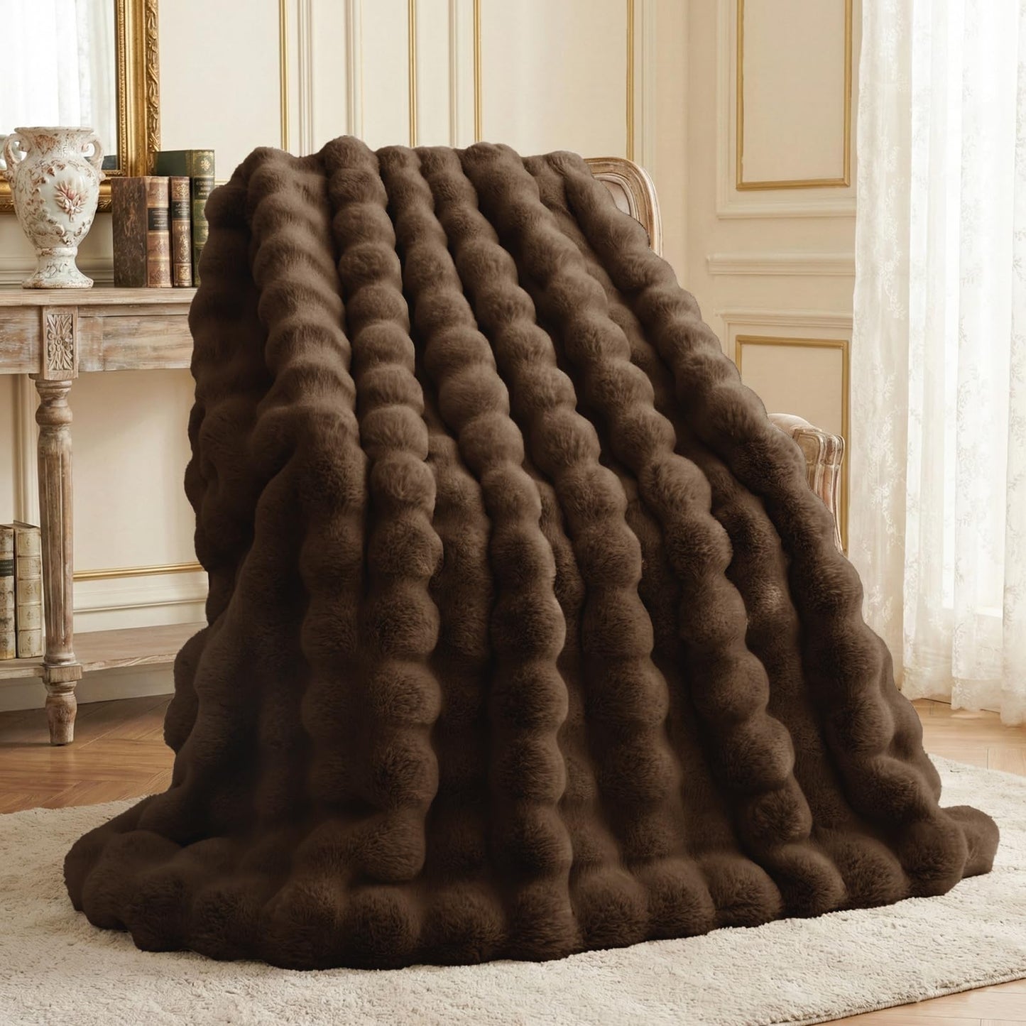 L'AGRATY Faux Rabbit Fur Blanket: 60" x 80" Twin Luxury Soft Fluffy Thick Fur Throw Blanket for Couch Bed Sofa - Cozy Plush Bubble Blankets for Winter: Flannel Fleece Decorative Blanket(Cocoa Brown)