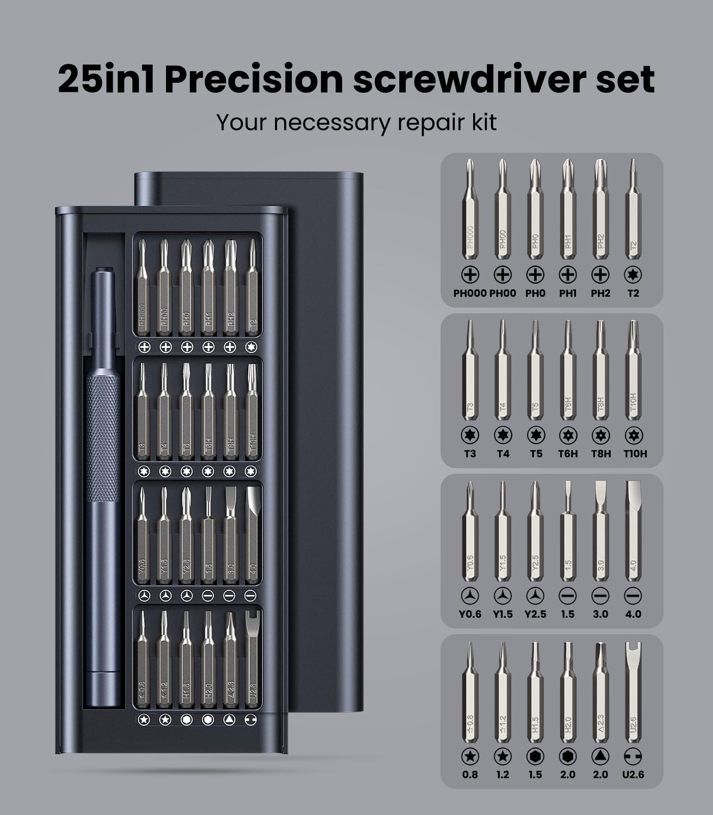 AXTH 25-in-1 Small Precision Screwdriver Set, Professional Magnetic Mini Repair Tool Kit for Phone, Computer, Watch, Laptop, Macbook, Ring Doorbell, Eyeglass, Electronic, [Bearing Steel] Screw Driver