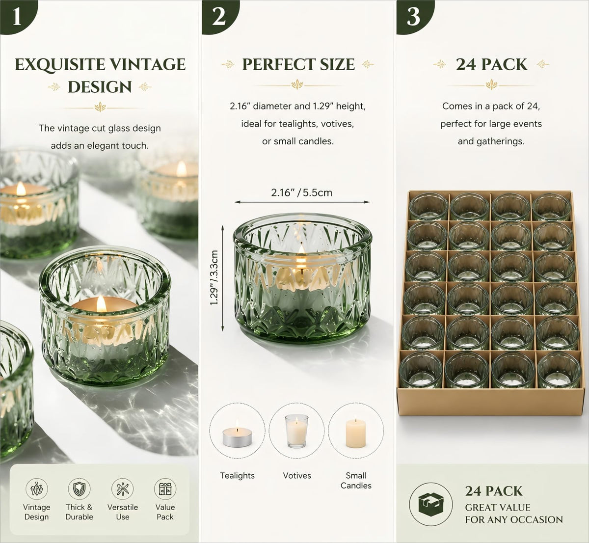 DEVI Green Tea Lights Candle Holders 24 Pcs for Wedding Decorations, Glass Votive Candle Holder, Wedding Table Centerpieces, Retro Party Decorations