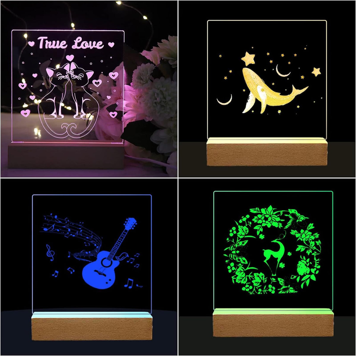 Lyshujli 4Pcs 6" Wooden LED Light Stand Base, Colorful Light Rectangle Wood Display Pedestal Led Light Base Night Light Base for Acrylic Sheet 3D Crystal Glass Art