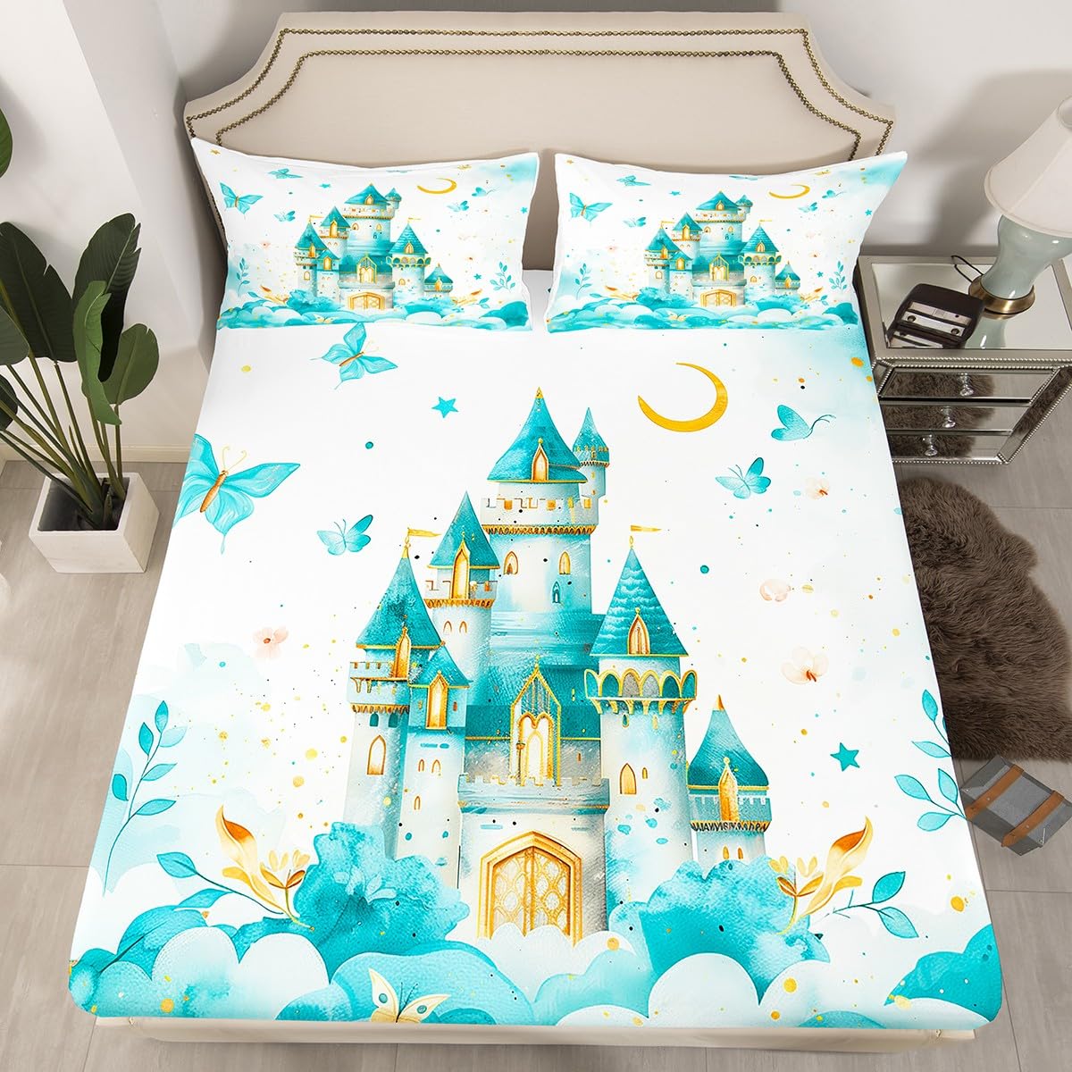 Erosebridal Princess Twin Bedding Set for Girls Kids - Castle Butterfly Fitted Sheet, Girly Coquette Butterflies Bottom Sheets Only | Moon and Stars Aesthetic Bed Set 2 Piece Room Decor