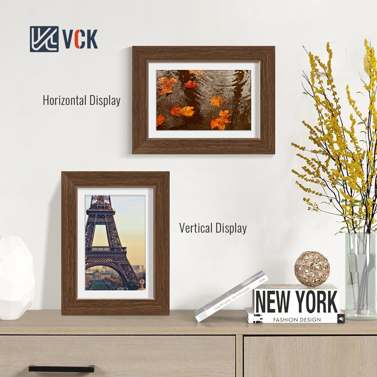 VCK 5x7 Picture Frame with Glass - 4 Pack, Display Pictures 4x6 with Mat or 5 x 7 without Mat - Wall and Tabletop, 5 by 7 Photo Brown Wooden Frames