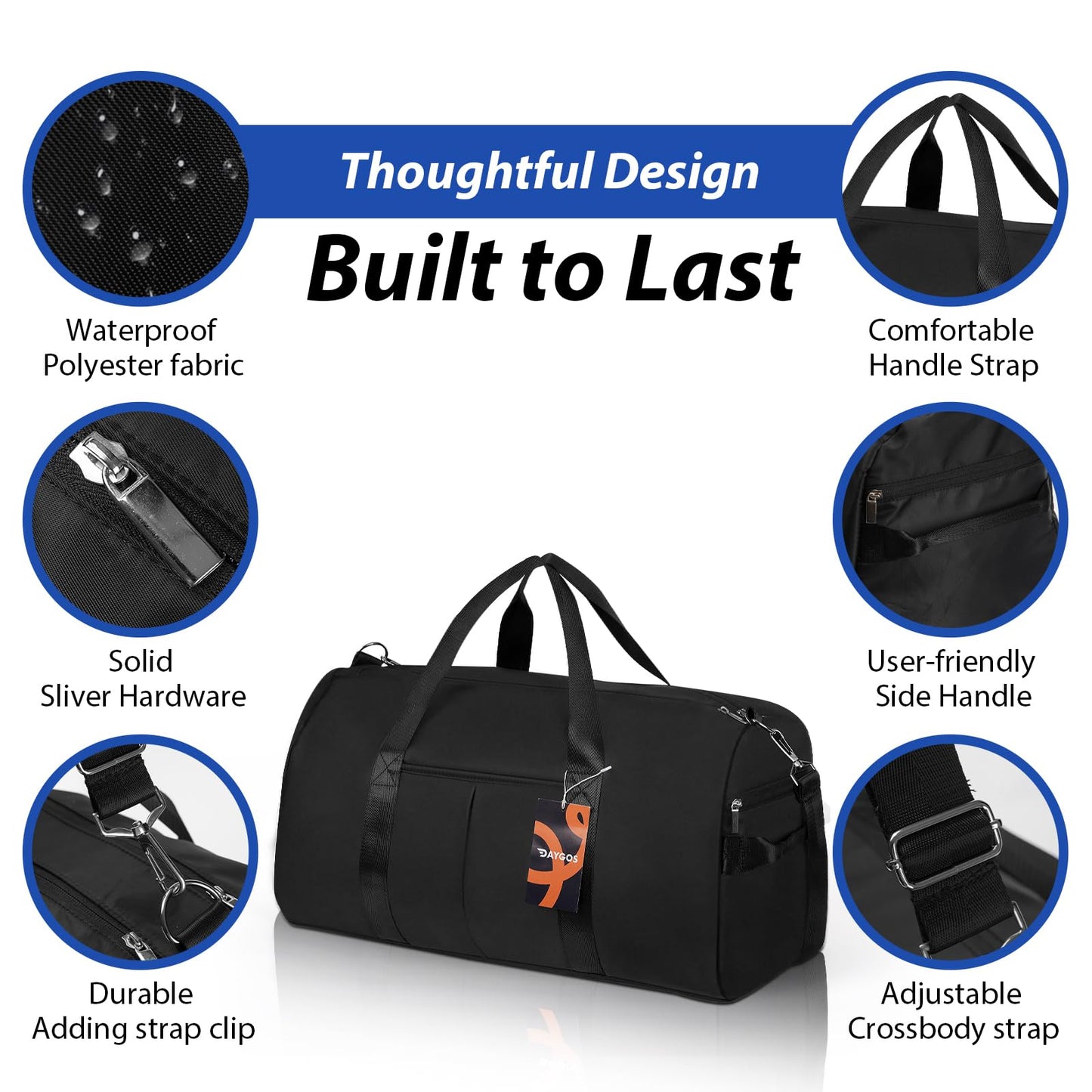 DAYGOS Gym Sports Duffle Bag for Men - Waterproof Travel Duffel Holdall Bag with Wet Pocket and Shoes Compartment, 40L Carry on Overnight Weekend for Women(Black)