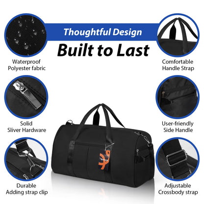 DAYGOS Gym Sports Duffle Bag for Men - Waterproof Travel Duffel Holdall Bag with Wet Pocket and Shoes Compartment, 40L Carry on Overnight Weekend for Women(Black)