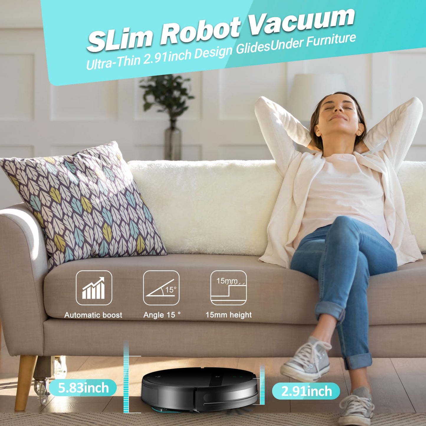 Robot Vacuum and Mop Combo for Pet Hair–2300Pa Robotic Vacuum Cleaner with WiFi/Alexa/App Control, 2H Runtime & Tangle-Free Tech, Auto Recharge, Ultra-Slim Quiet for Hard Floors/Low-Pile Carpets