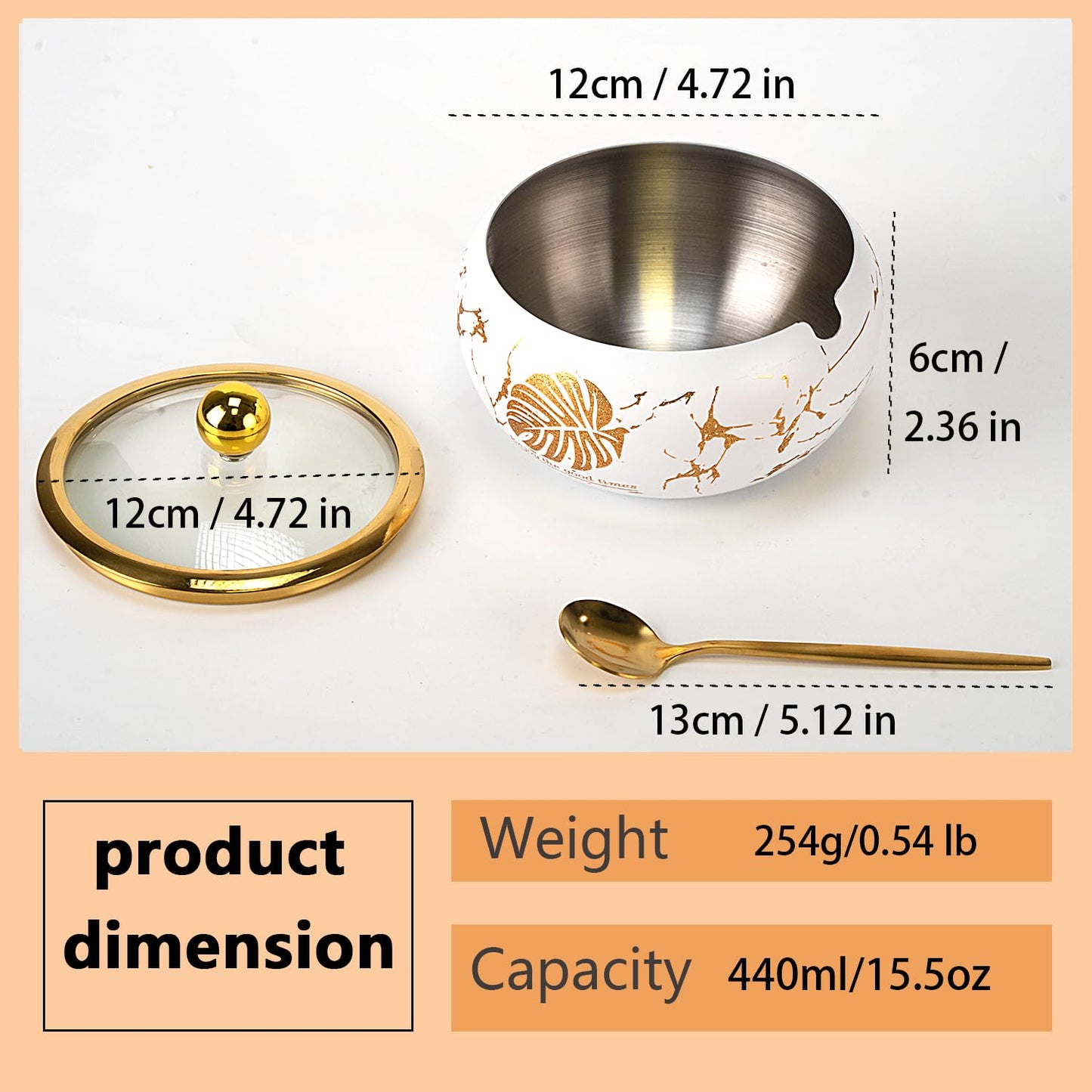 15OZ Sugar Bowl with Glass Lid and Spoon, Sugar Container of Coffee Bar Accessories, Stainless Steel Jar for Salt, Tea, Brown Sugar Cube, Dishwasher Safe, Kitchen Decor Countertop Storage, White