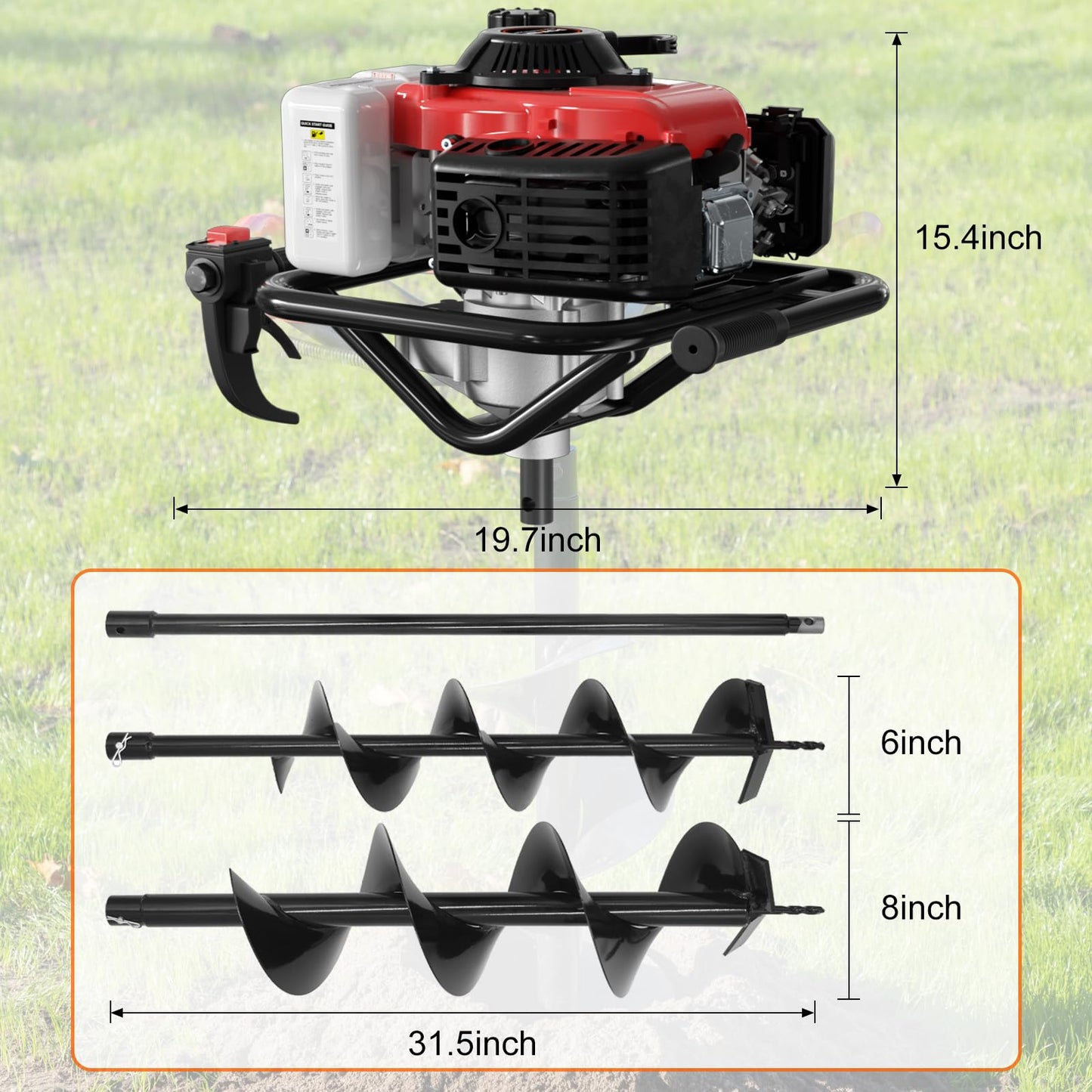78CC Auger Post Hole Digger, 4 Stroke Gas Powered Earth Post Hole Digger with 2 Auger Drill Bits(6" & 8") + Extension Rods for Farm Garden Plant, Orange (78CC)