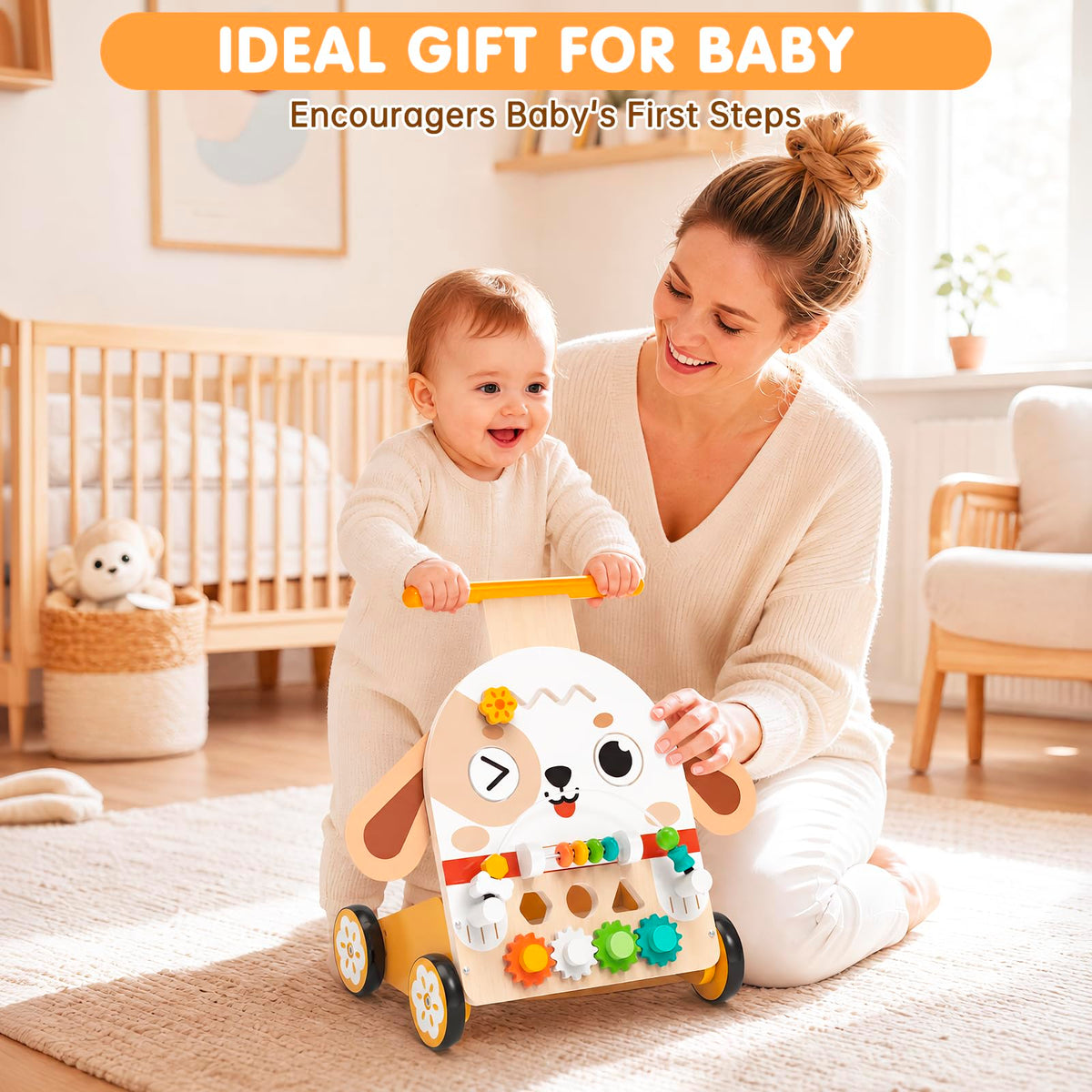 Yuyctwg Wooden Baby Walker, 6-in-1 Push Walker for Toddlers