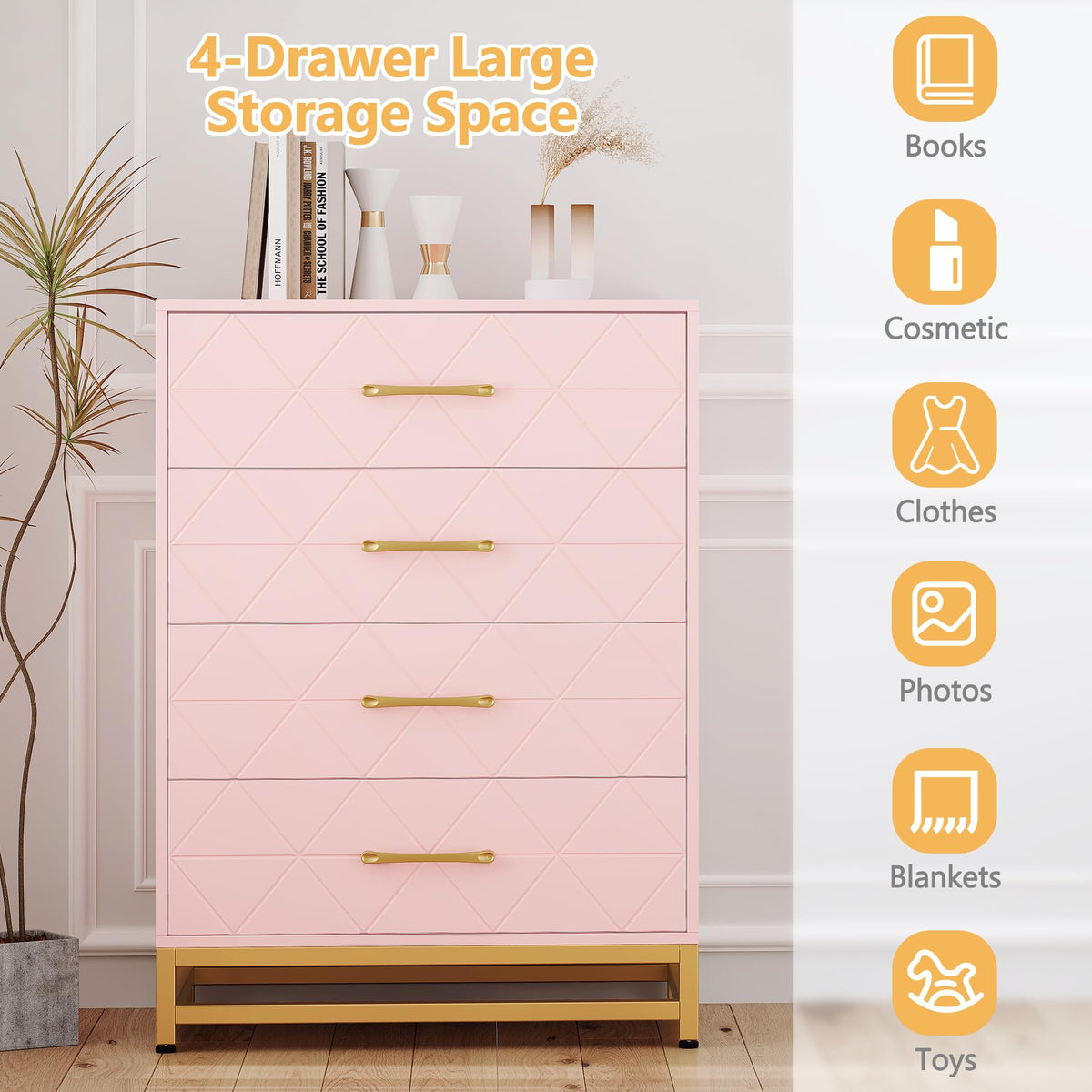 GarveeHome Wooden Dresser for Bedroom, Dressers & Chest of Drawers with 4 Drawer, Wood nightstand for Storage and Organization (Pink)