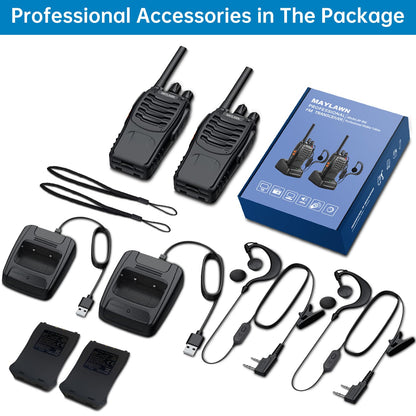 Maylawn Walkie Talkies Long Range 2Pcs, Walkie Talkies for Adults with Rechargeable Batteries, 2 Way Radio with LED Light Earpieces 16CH Supports VOX Function