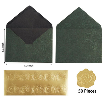 Topeen 50 Pieces A7 Envelopes 5x7, Dark Green, Flower Pattern, Luxury Mailing Envelopes with Gold Stickers for Invitations, Wedding, Graduation, Baby Shower
