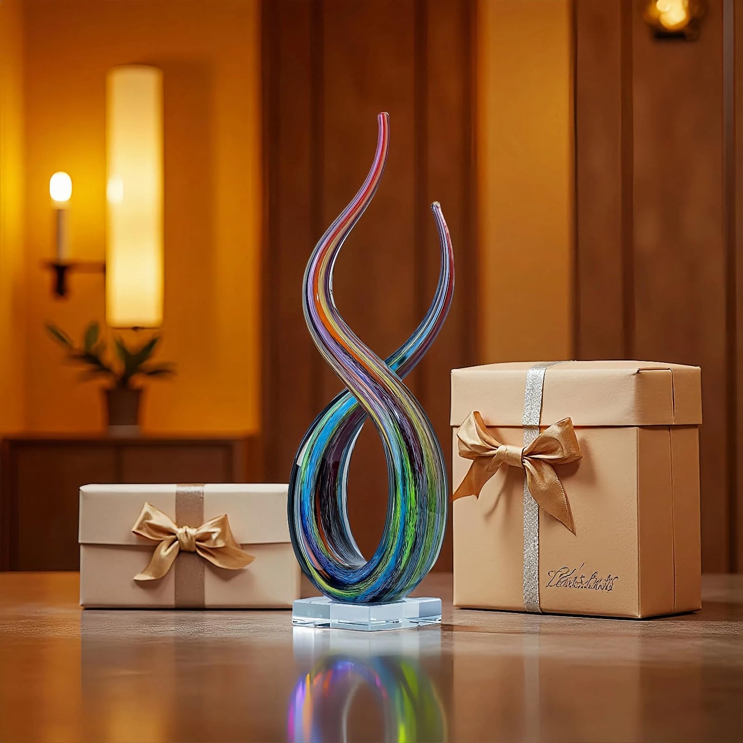 LLAVVD Hand Blown Murano Style Glass Sculpture, 14" Double Spiral Infinity Music Note Figurine Collectible, Modern Abstract Home Decor for Living Room Office Aquarium, Unique Gift for Art Lovers