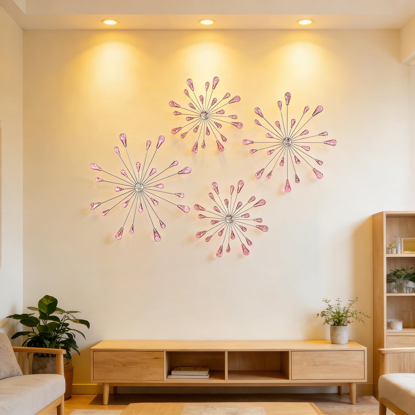 ZEXUIRU 4 Pcs Metal Starburst Art for Wall Decor Living Room Bedroom Dining Room Office - Bling 3D Crystal Rhinestone Sunburst Wall Art -Pink 13in/11.8in/9.8in/9.8in
