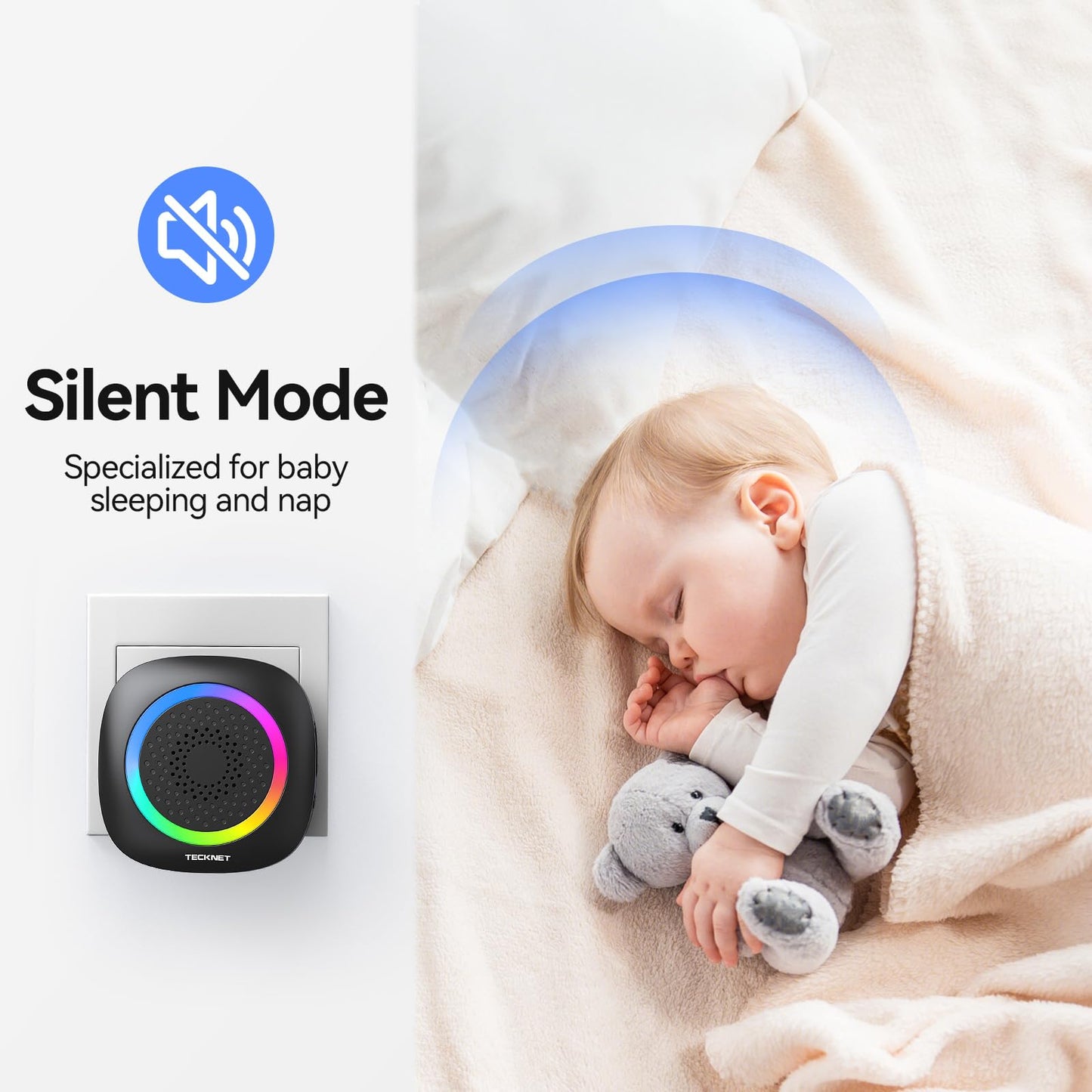 TECKNET Plug-in Wireless Doorbell with RGB Lighting & 1300 Feet Range,IP66 Waterproof Doorbell for Home/Classroom/Office/Business,60 Chimes,5-Level Volume,4.5-Year Battery Life(White)