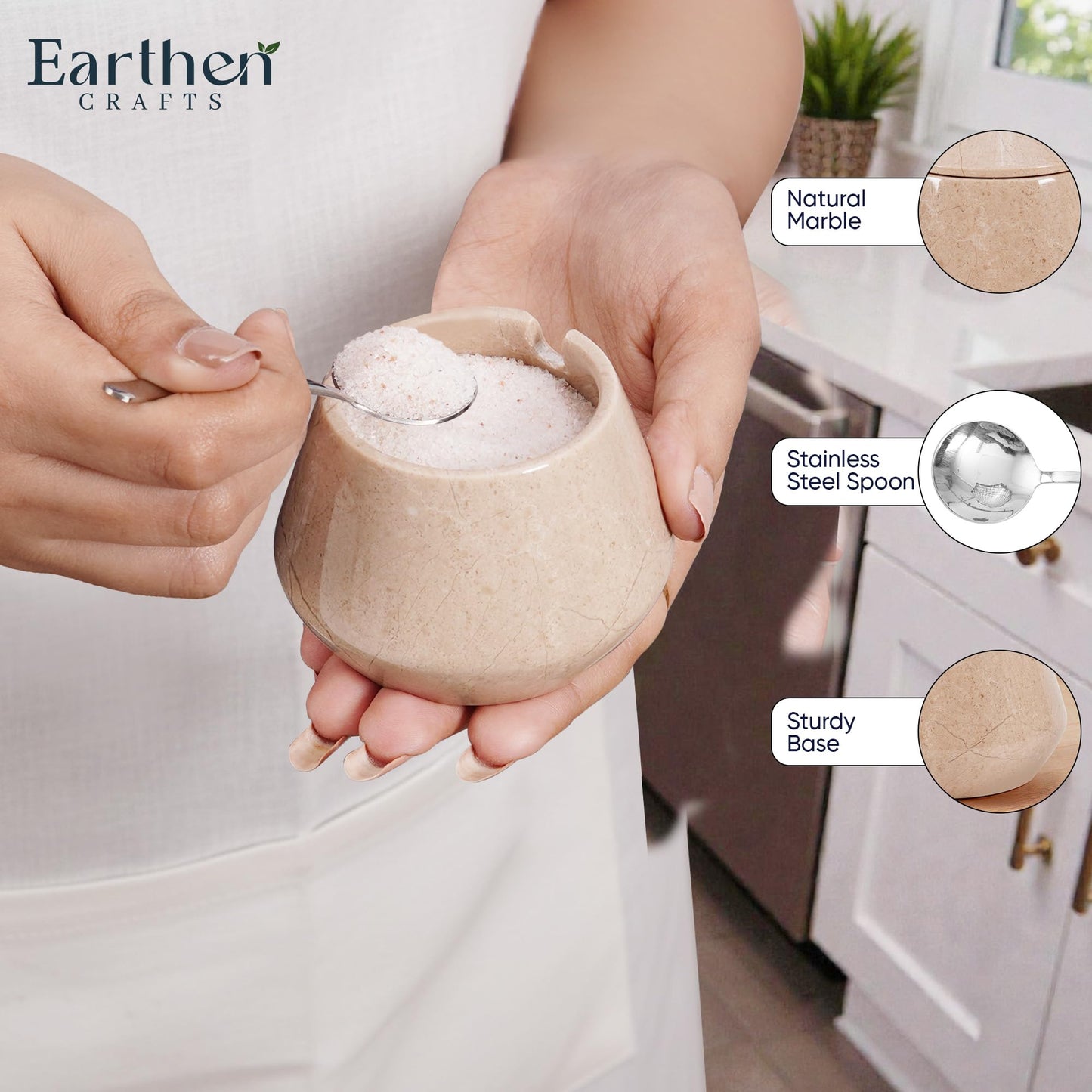 EARTHEN CRAFTS Marble Salt Cellar with Lid 3 Inches Beige Salt Keeper Salt Box, Seasoning Container & Spice Jar with Spoon, Stone Salt Holder for Countertop, Ideal Gift for Home & Kitchen Decor