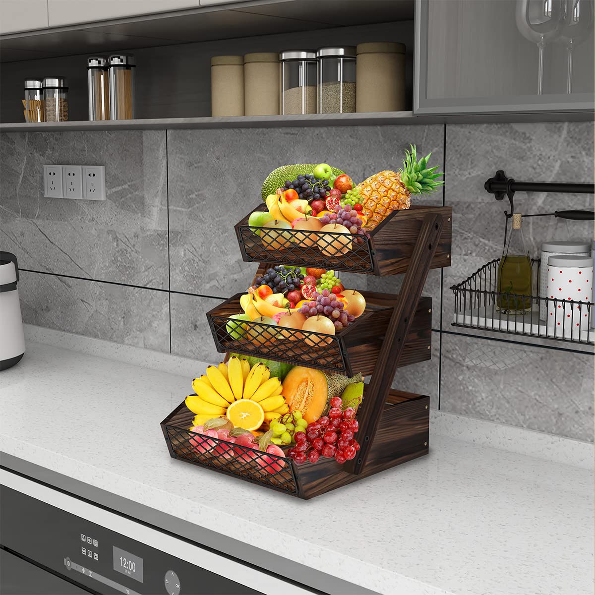 Dorhors Fruit Basket for Kitchen,Fruit Bowl,Kitchen Counter Organizer,Wooden Vegetable Holder for Countertop,Bread Storage Basket Stand(3 Tier)