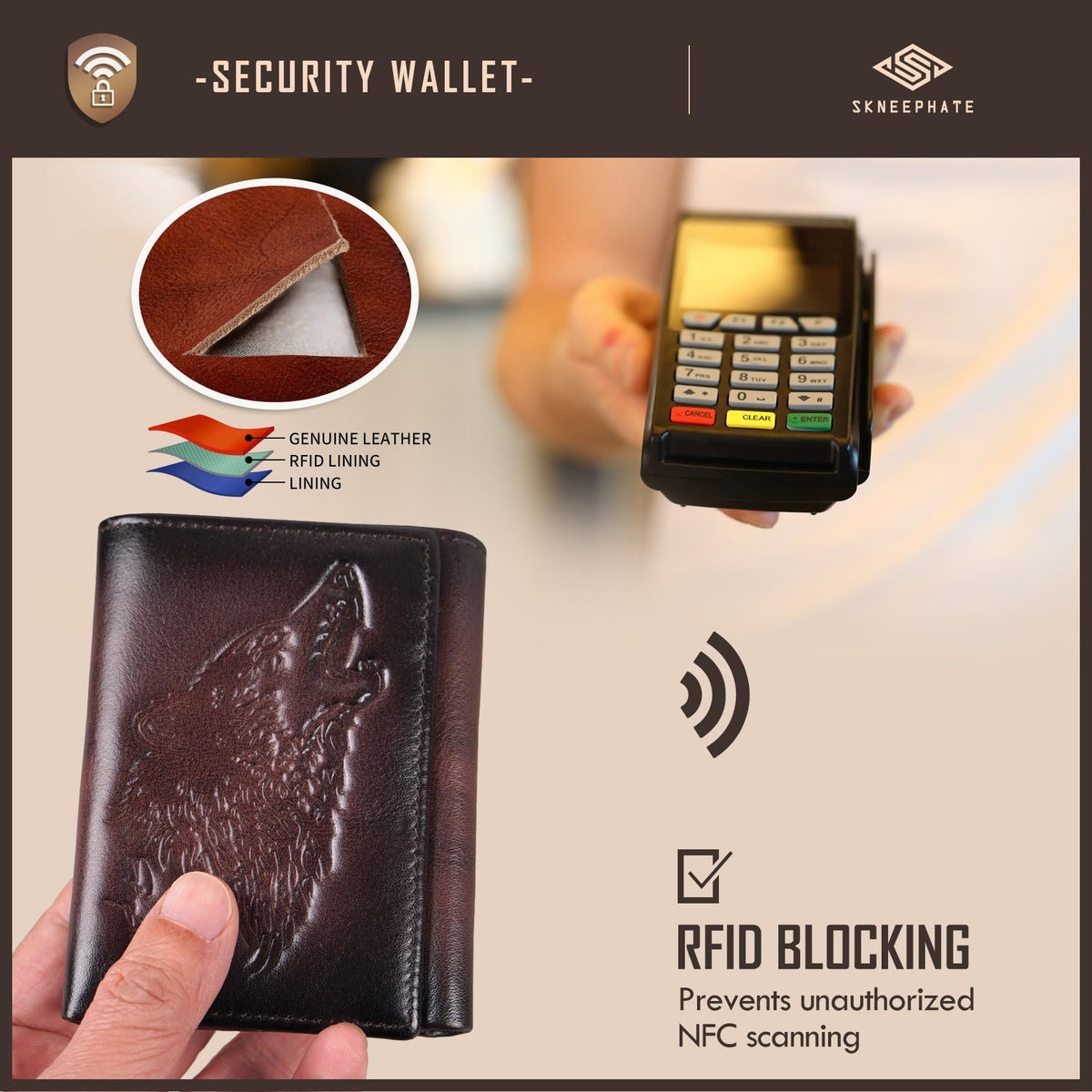 skneephate Men's Trifold Wallet,Wolf Wallets For Men Leather,Rfid Blocking,Gifts For Him Husband (coffee)