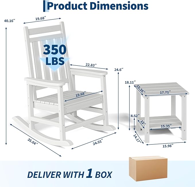 HDPE Rocking Chair Outdoor Set of 2 with Side Table - Poly High Back Porch Rocker Chairs for Adults - All Weather Resistant Furniture for Patio Front Porch - White