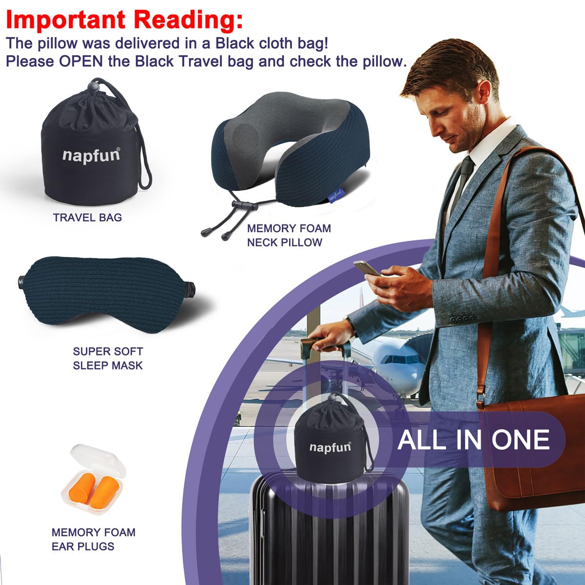 napfun Neck Pillow for Traveling, Upgraded Travel Neck Pillow for Airplane 100% Pure Memory Foam Travel Pillow for Flight Headrest Sleep, Portable Plane Accessories, Light Grey