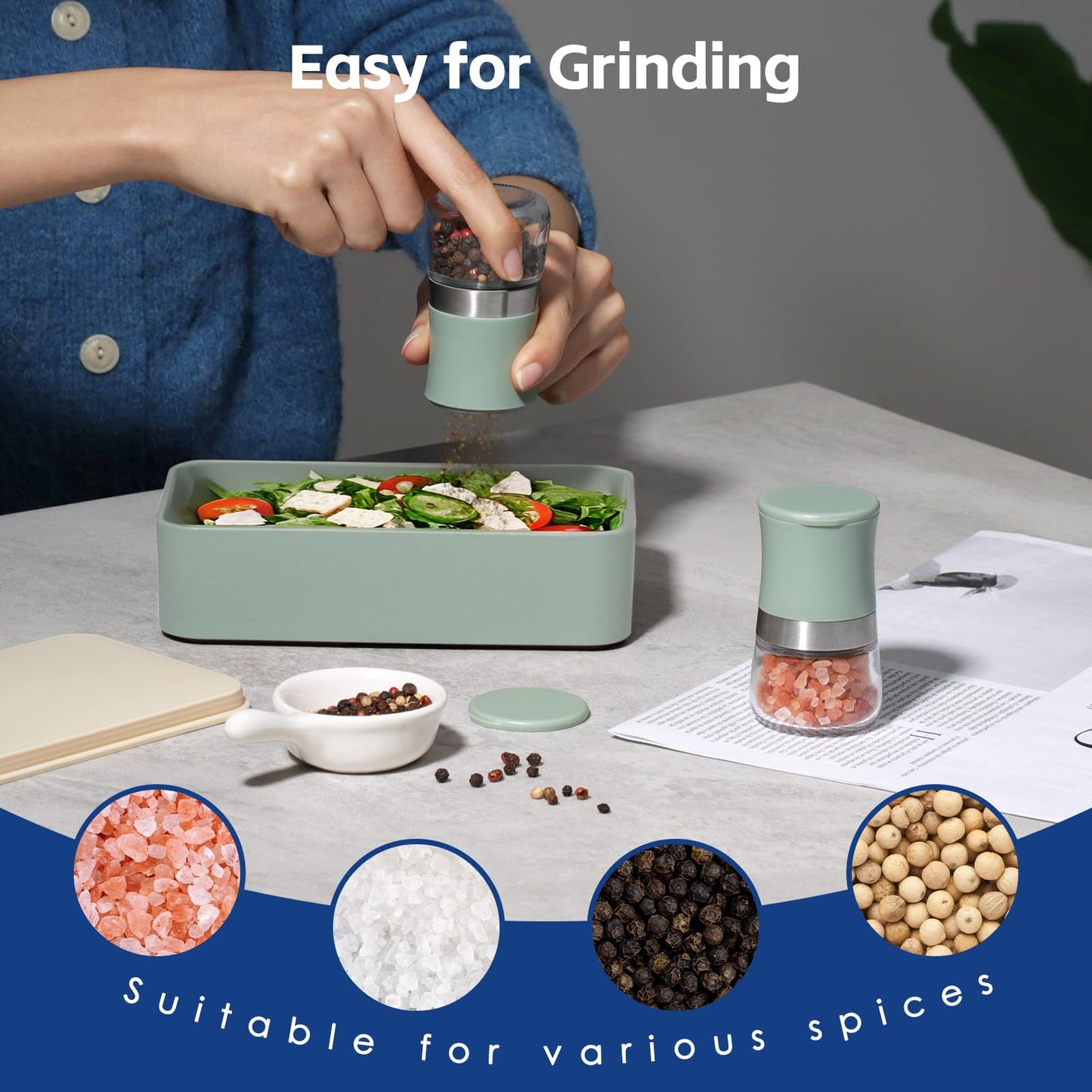 vzaahu Small Salt and Pepper Grinder Set,Green Mini Portable Refillable Spice Mills for Home, Travel, RV & Outdoor Dining,Adjustable Grinding Coarseness