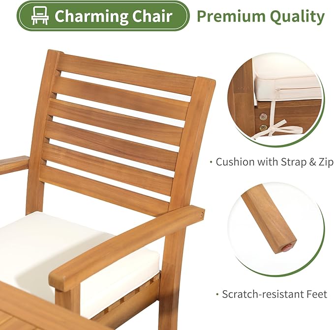 OC Orange-Casual Stackable Patio Dining Chairs Set of 2, Outdoor Acacia Wooden Chairs w/Armrest & Removeable Fabric Cushion, for Porch, Backyard, Garden, Indoor, Beige