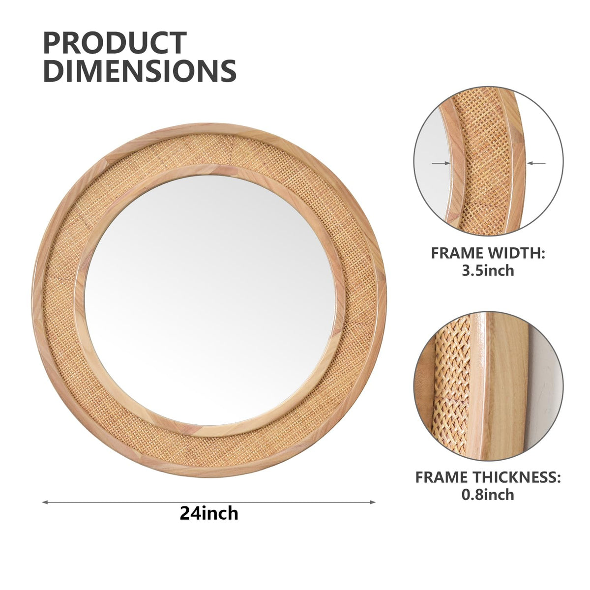 Tunjig 24" Round Rattan Mirror, Circle Wall Mirror, Farmhouse Wooden Vanity Mirror with Handmade Wicker Frame, Decorative Boho Mirror for Nursery Bedroom Living Room Entryway Nature