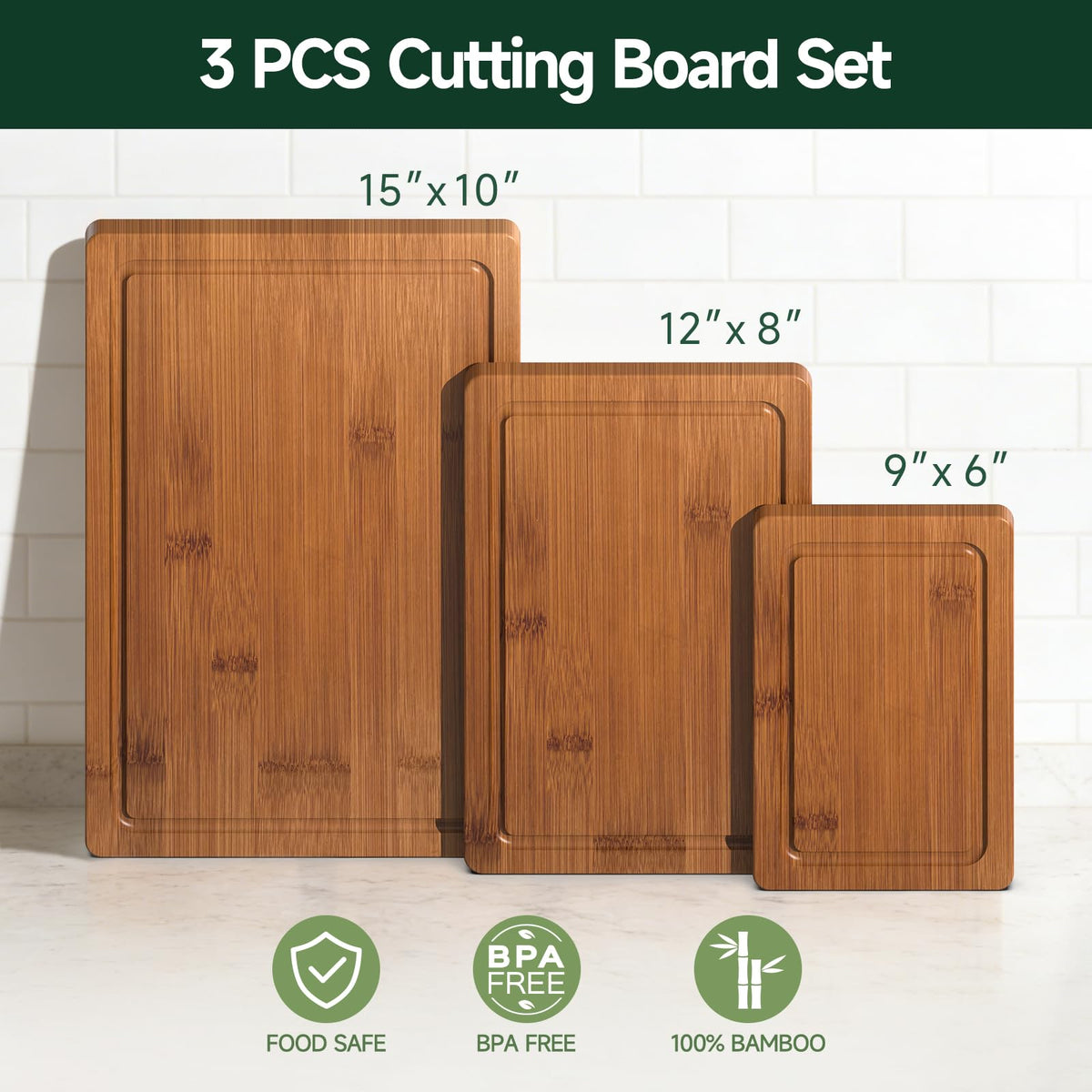 Zeawec 3-Piece Set Deep-Carbonized Bamboo Cutting Board for Kitchen - Crack-Resistant Wood Chopping Boards with Deep Juice Grooves, Pre-Oiled Butcher Block for Meat, Vegetables & Cheese, Carbonized