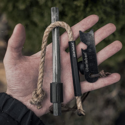 Überleben Hexå Original Ferro Rod Fire Starter for Survival – Up to 20,000 Strikes, 6" Long, 1/2" Thick Hexagon Fire Steel with Striker and Lanyard – Waterproof Flint and Steel for Camping