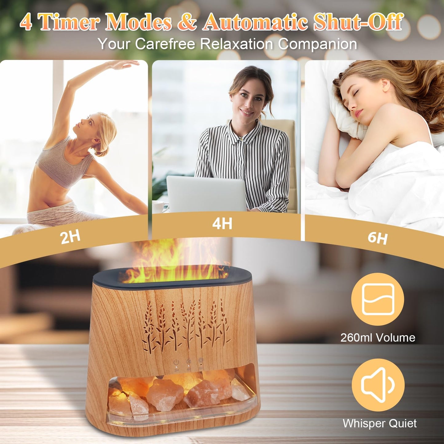 Fireplace Flame Diffuser & Himalayan Salt Lamp, 8 Colors Aromatherapy Diffuser Cool Mist Humidifier with Timer Auto Off Function for Home, Bedroom, Offie,Yoga
