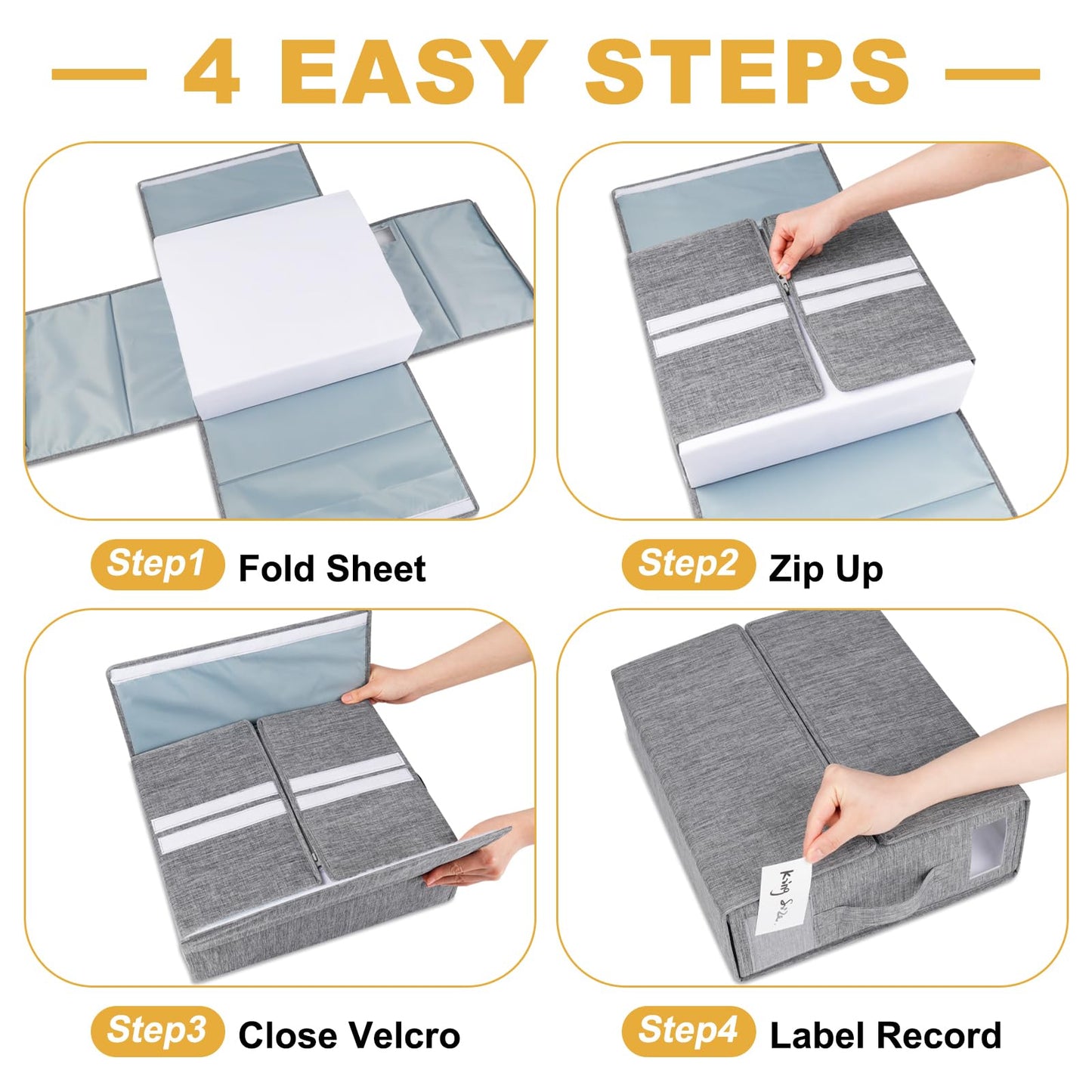 4 Pack Foldable Sheet Organizers for Linen Closet - Twin/Full Size Duvet Cover Set, Grey