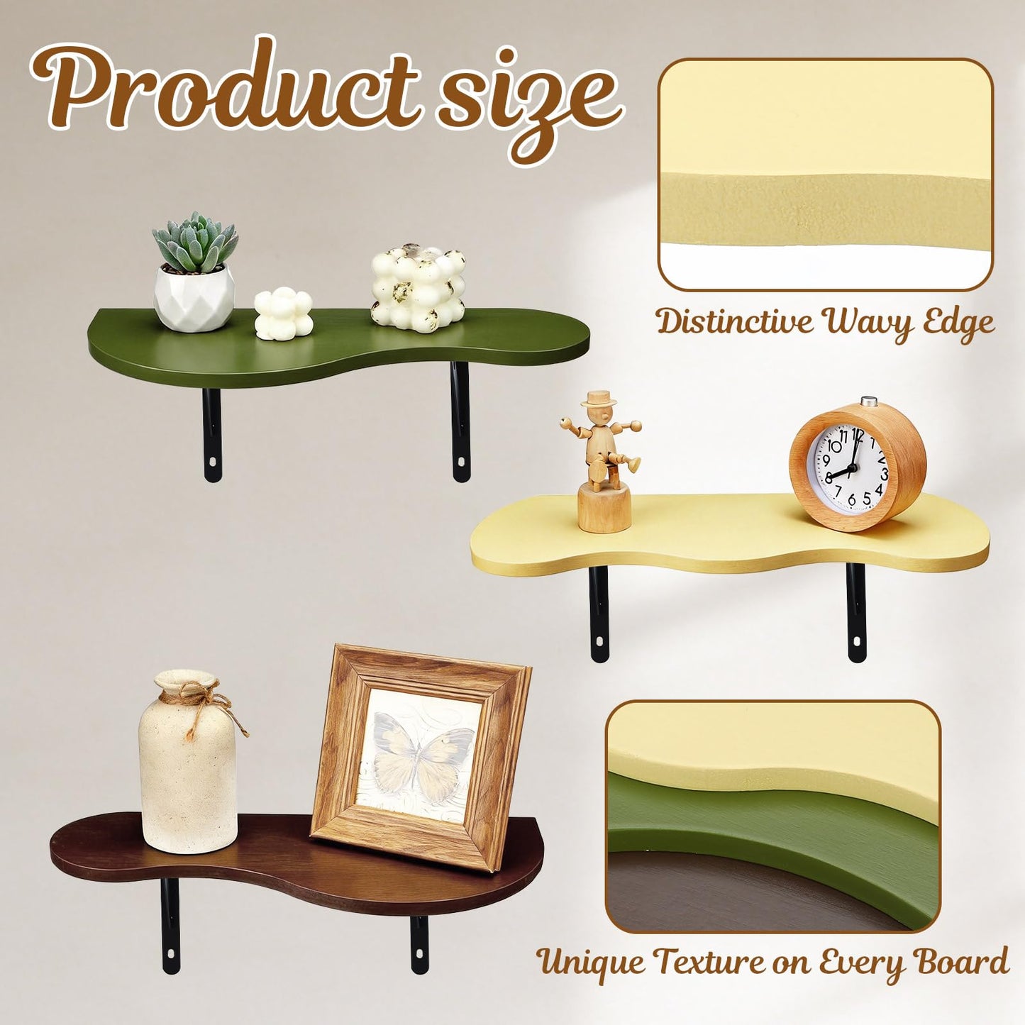 AceOrbit 3 Pcs Mid Century Floating Shelves Wavy Cloud Shelves Wooden Shelf Live Edge Wall Mount Shelf Rustic Farmhouse Mid Century Modern Ledge for Bedroom Living Room Home Decor Housewarming Gifts